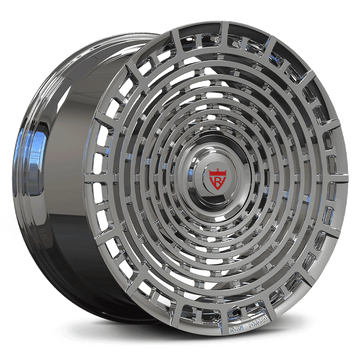 Custom forged monoblock chrome rim designed for Cadillac CT6, showcasing intricate pattern and high-quality finish.